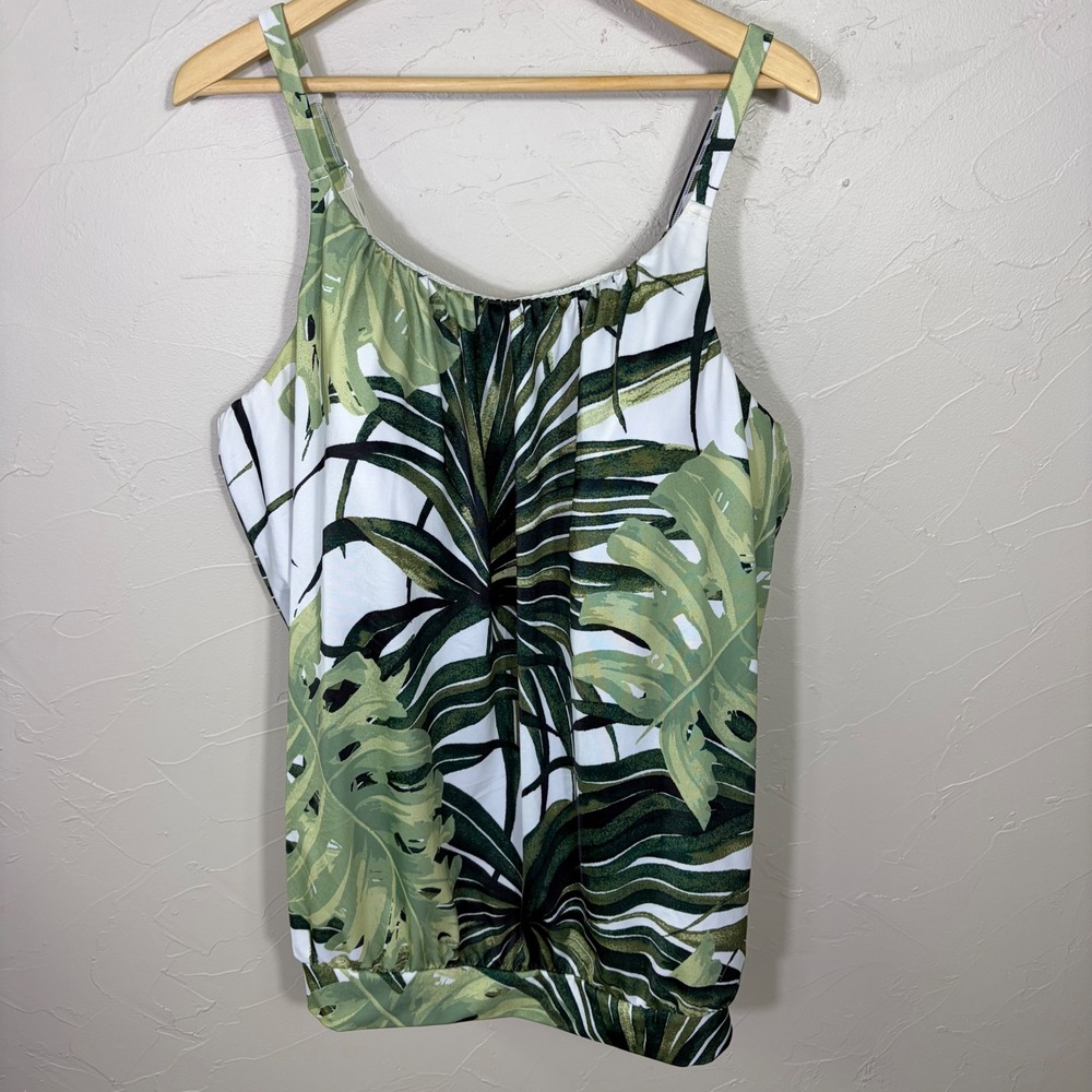 Cacique Swim Tankini Top Women 22 Tropical Palm Leaf Blouson Boho Beachwear